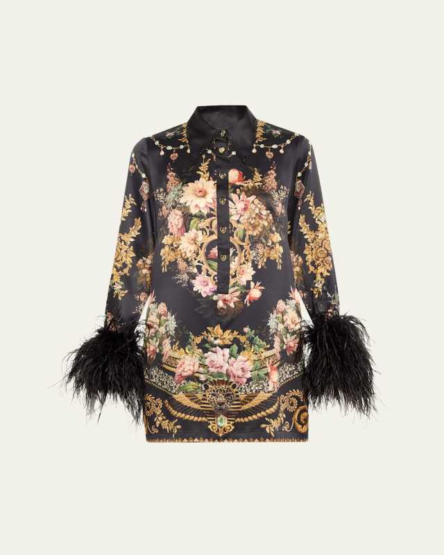 Dynasty Daze Silk Mini Shirtdress with Feathers